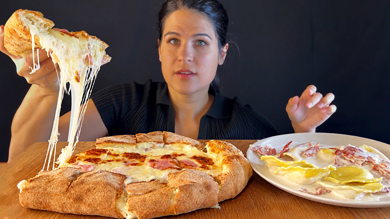 SUPER CREAMY & CHEESY PIZZA BOAT & RAVIOLI | MUKBANG | ASMR | EATING SOUNDS