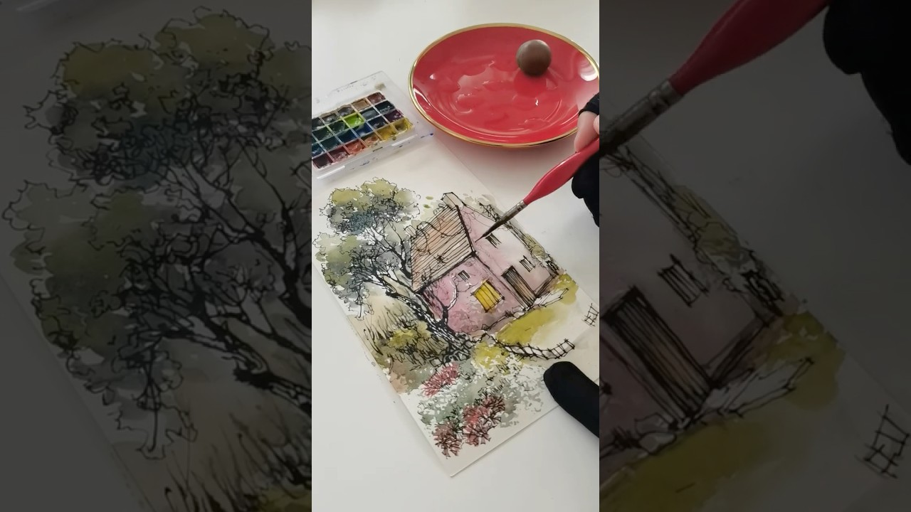 How to Paint a River House with Watercolorsr1#sketch #art #drawing#painting #landscape #inkdrawing