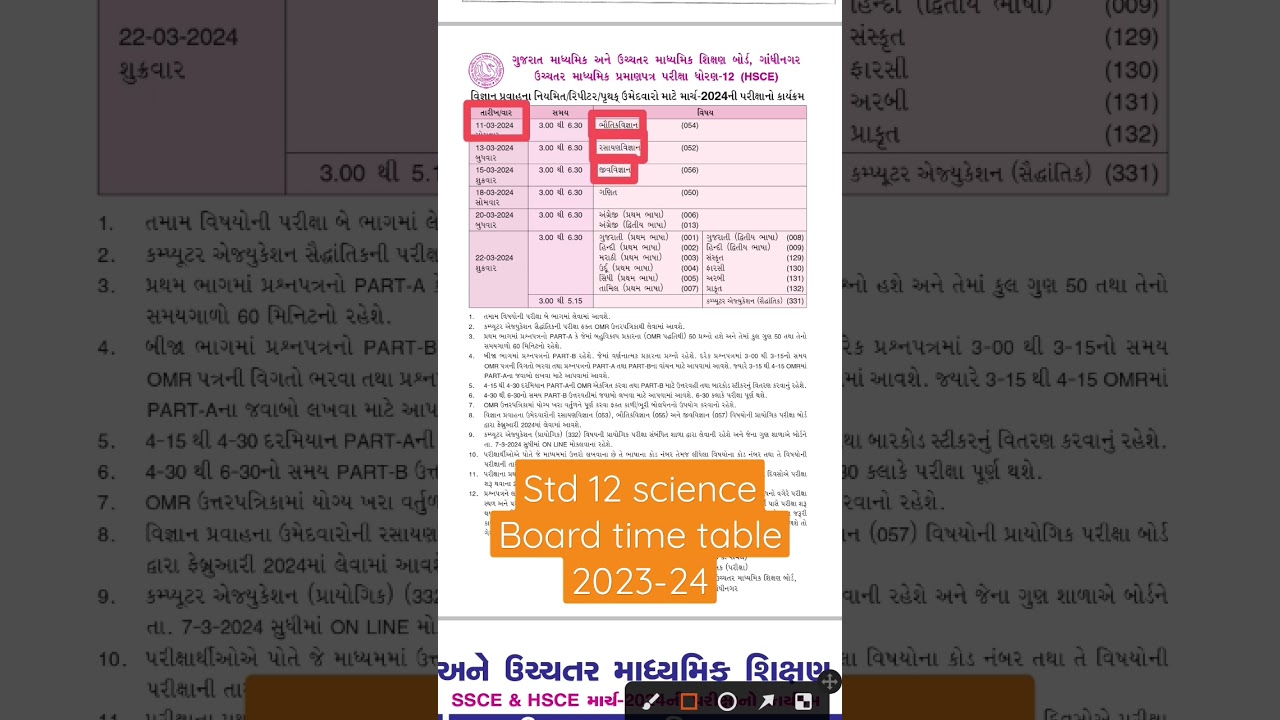 std 12 science board time table 2023-24|board exam 2024|std 12 science board exam 2024|std12science