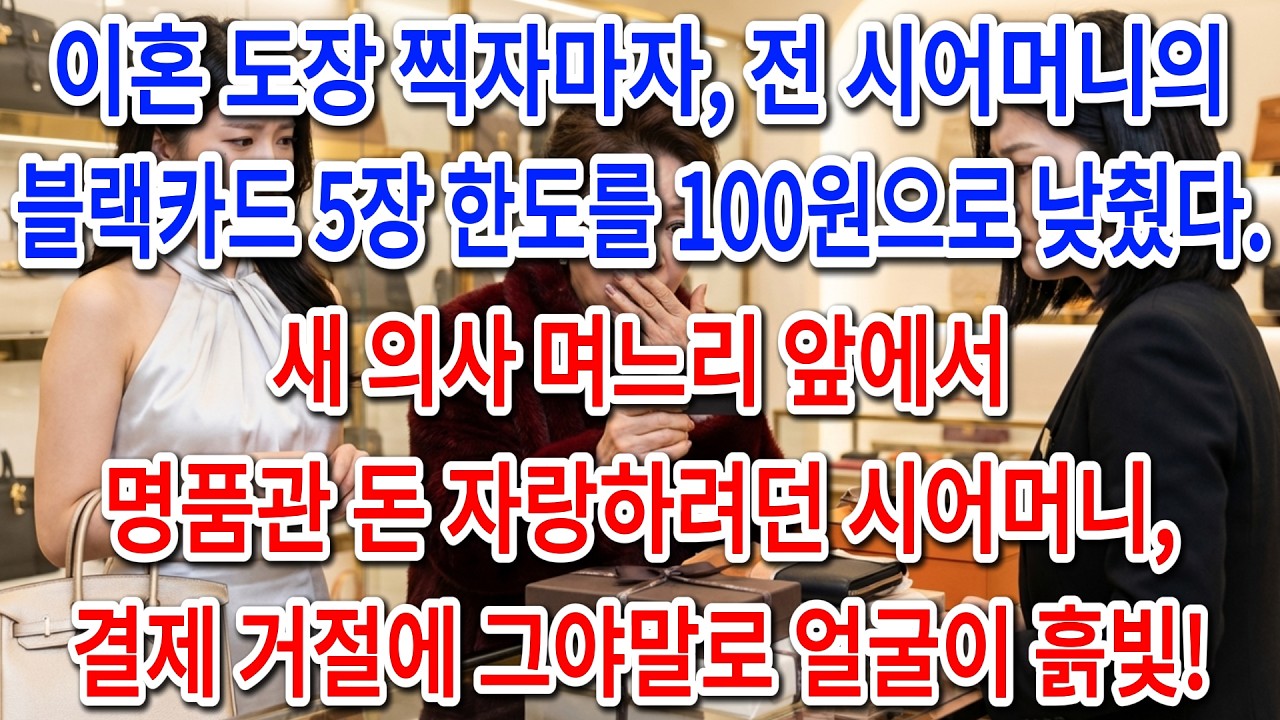 이혼 도장 찍자마자, 전 시어머니의 블랙카드 5장 한도를 100원으로 낮췄다. 새 의사 며느리 앞에서 명품관 돈 자랑하려던 시어머니, 결제 거절에 그야말로 얼굴이 흙빛!ㅣ인생사연ㅣ