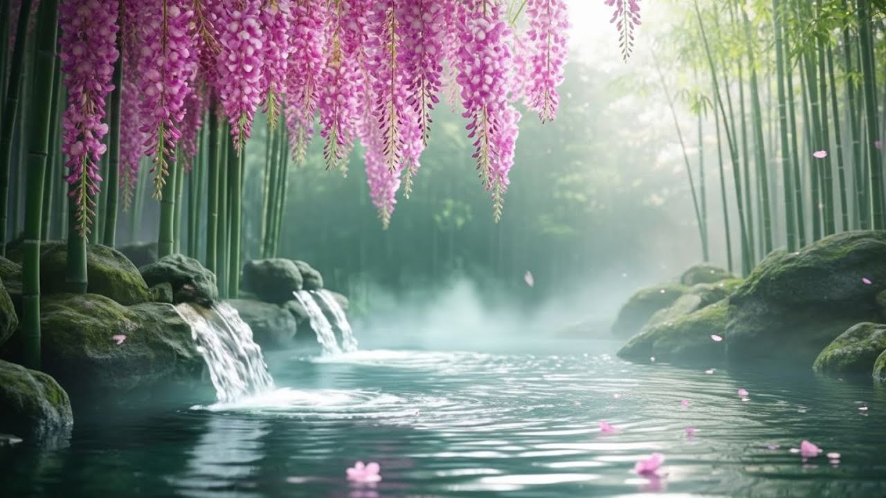 Tranquil Bamboo Forest Waterfall with Soft Pink Blossoms  Calming Music for Deep Relaxation