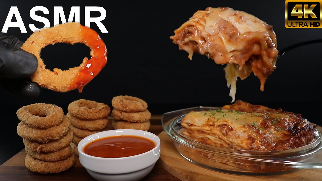 ASMR MUKBANG 🧅 ONION RINGS & LASAGNA | CRISPY CHEESY EATING SOUNDS