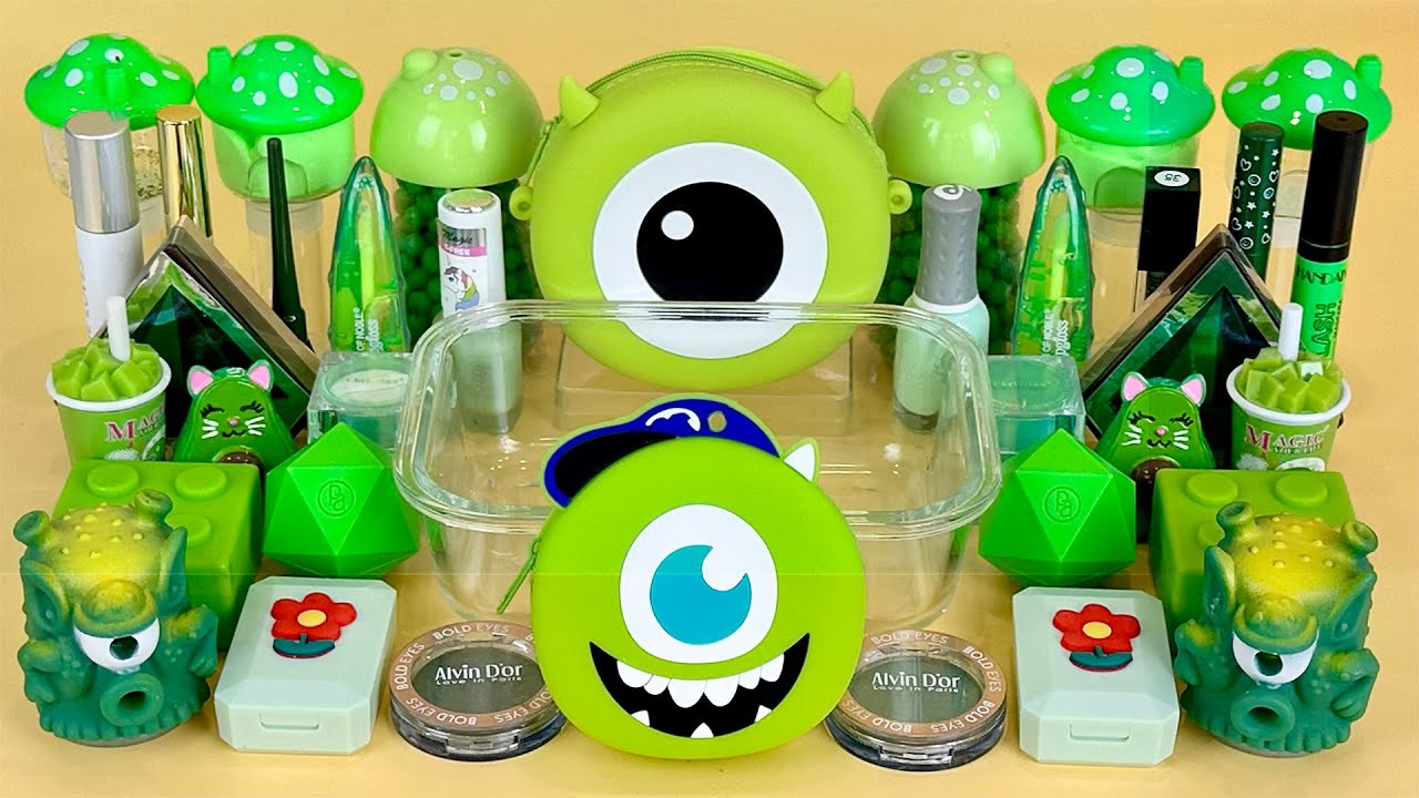 GREEN SLIME. Mixing makeup and glitter into Clear Slime. Satisfying Slime Videos 2160p.