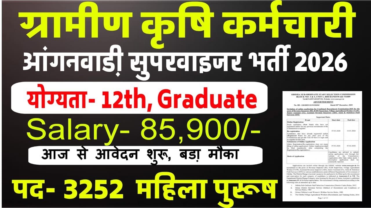 खुशखबरी! महिला सुपरवाइजर & ग्रामीण कृषि कर्मचारी भर्ती 2026: एक साथ दो बड़ी भर्तियाँ! , New Vacancy