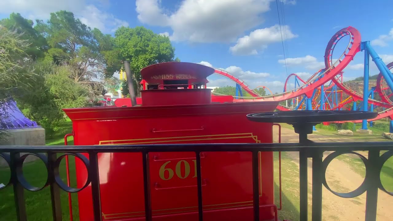 POV 4k Fiesta Texas Railroad - Whistlestop Station #39 - Crackaxle Canyon - Train Ride at Six Flags