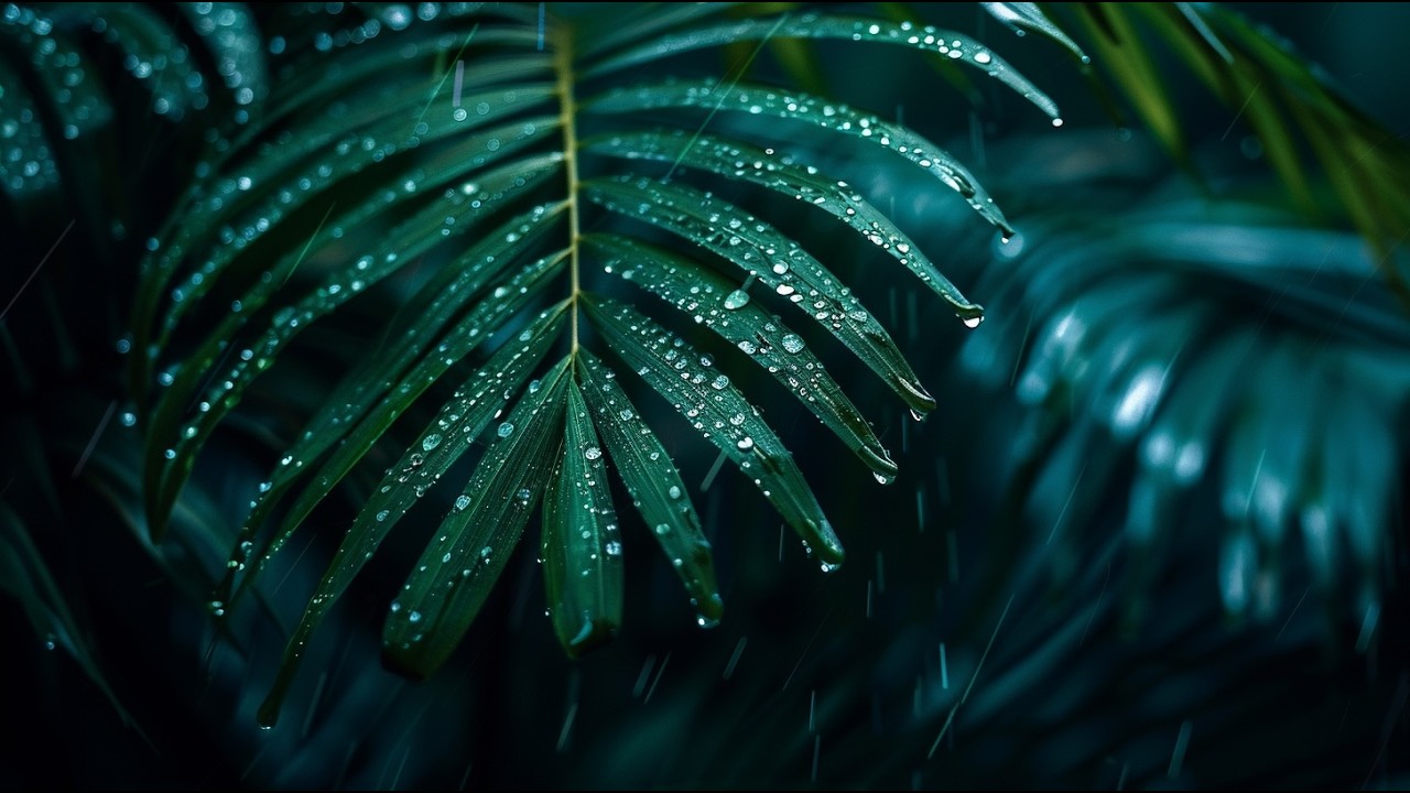 Rain Under Palm Tree Leaves | 10 Hours | Calm Tropical Rain Ambience