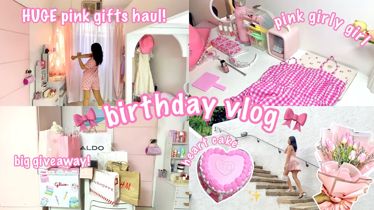 productive birthday vlog + HUGE pink gifts haul🎀✨package giveaway, pretty cake, girly aesthetic🛼