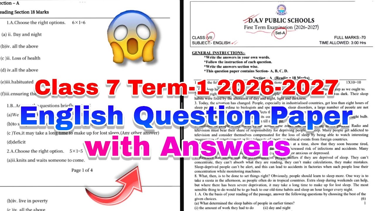 😱 English Question Paper Solutions Half-Yearly Exam 2026-27 | Dav Class 7 English Term-1 Examination