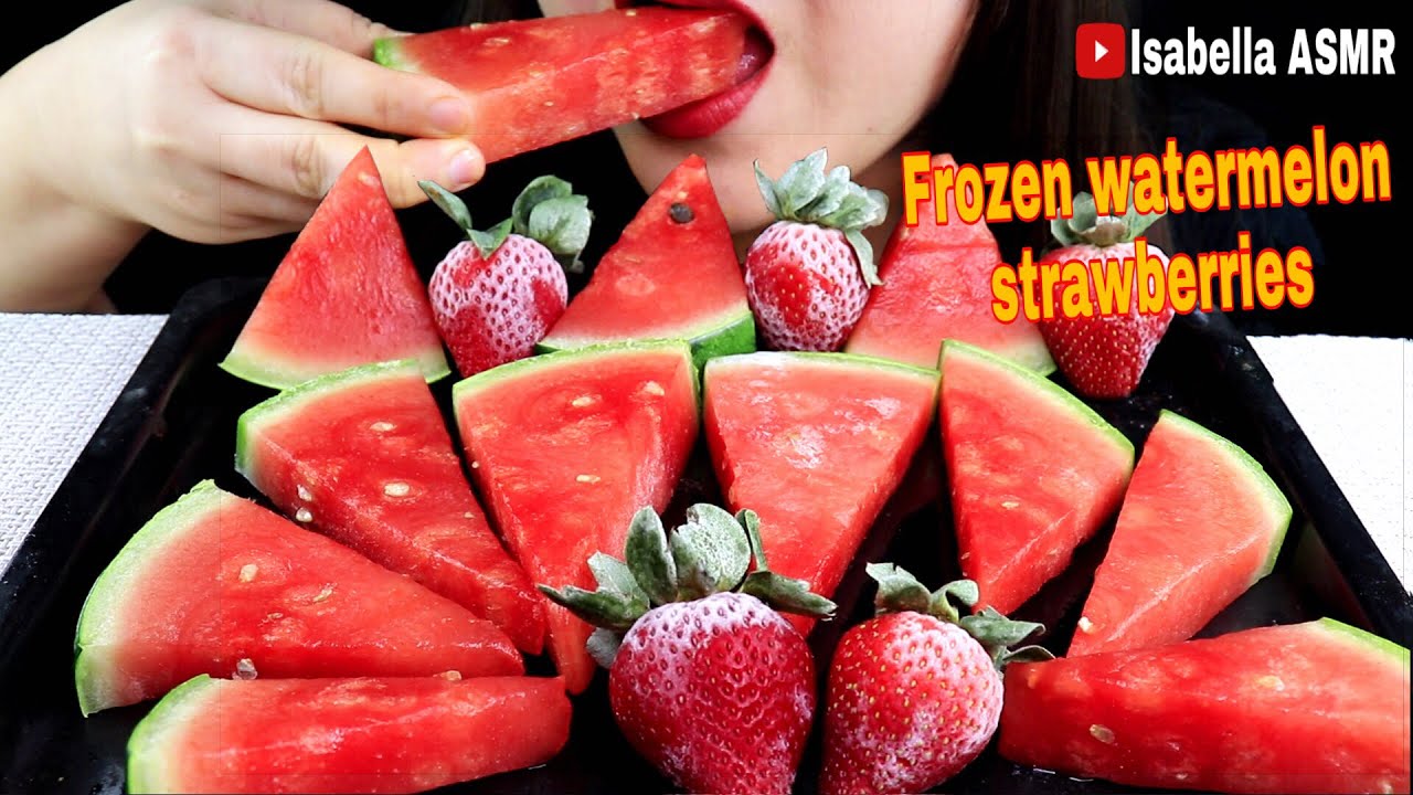 ASMR | Frozen Watermelon and Strawberries ( ice eating sounds ) no talking mukbang