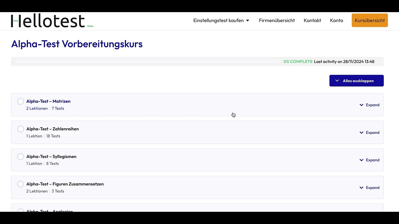 Alpha Test Einstellungstest &Uuml;ben