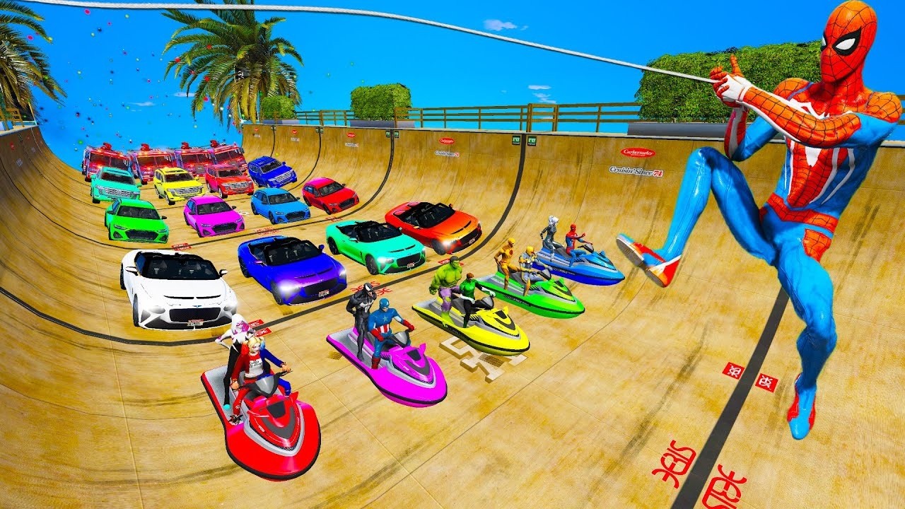 SPIDERMAN and WOLVERINE Mega BLOCK RAMP Challenge for Cars! Epic Superhero Hulk Venom Goku – GTA 5