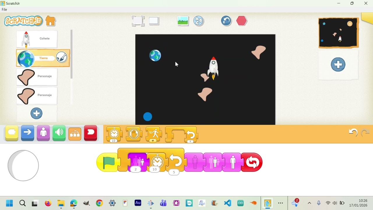 Programa con Scratch Jr un juego de evitar obstáculos basado en el 