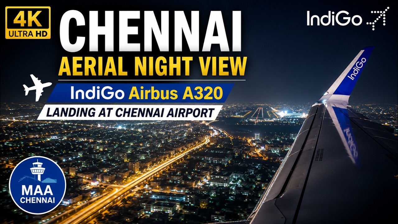 4K CHENNAI AERIAL NIGHT VIEW - Indigo Airbus A320 Landing at Chennai Airport