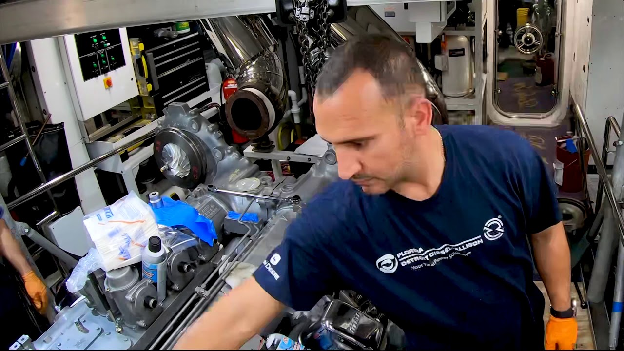 Superyacht engine room main engine overhaul and start up
