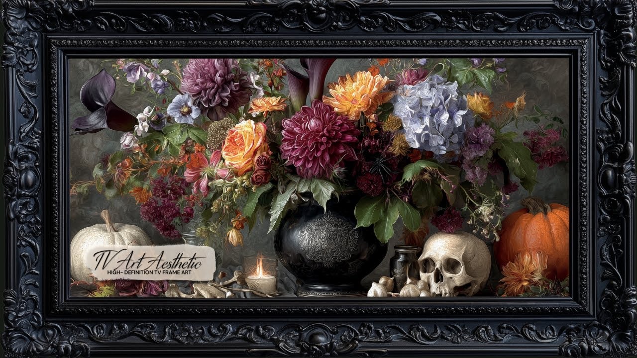 Frame TV Art | Elegant Halloween Floral Arrangement Skeletons Pumpkins | Halloween Screensaver