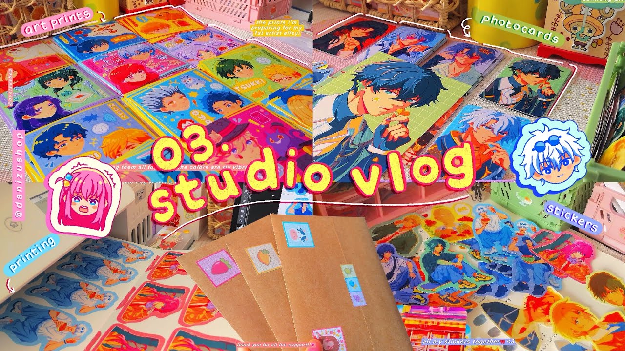 studio vlog 03 packing orders💌 | making lots of stickers and art prints 🎨| artist alley prep 🍑 ₊✩‧₊˚