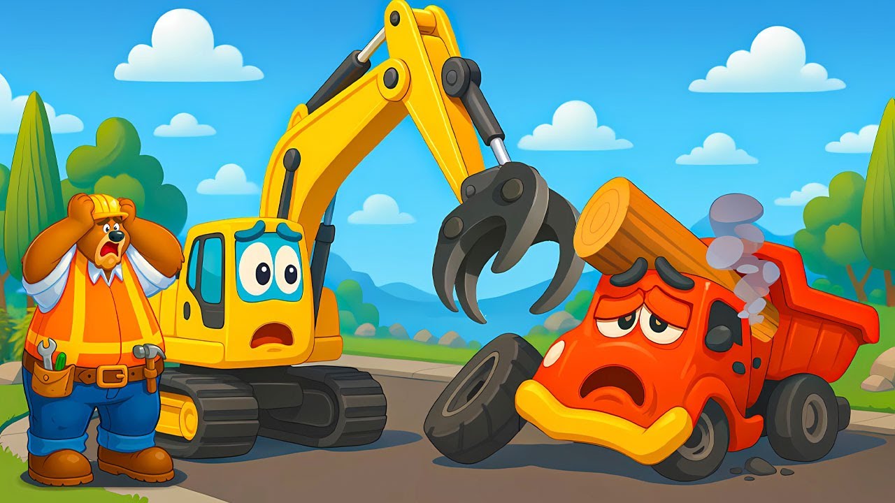 The Bear and Log Grabber Rescue Excavator Crushed by Logs | Construction Vehicles Animation