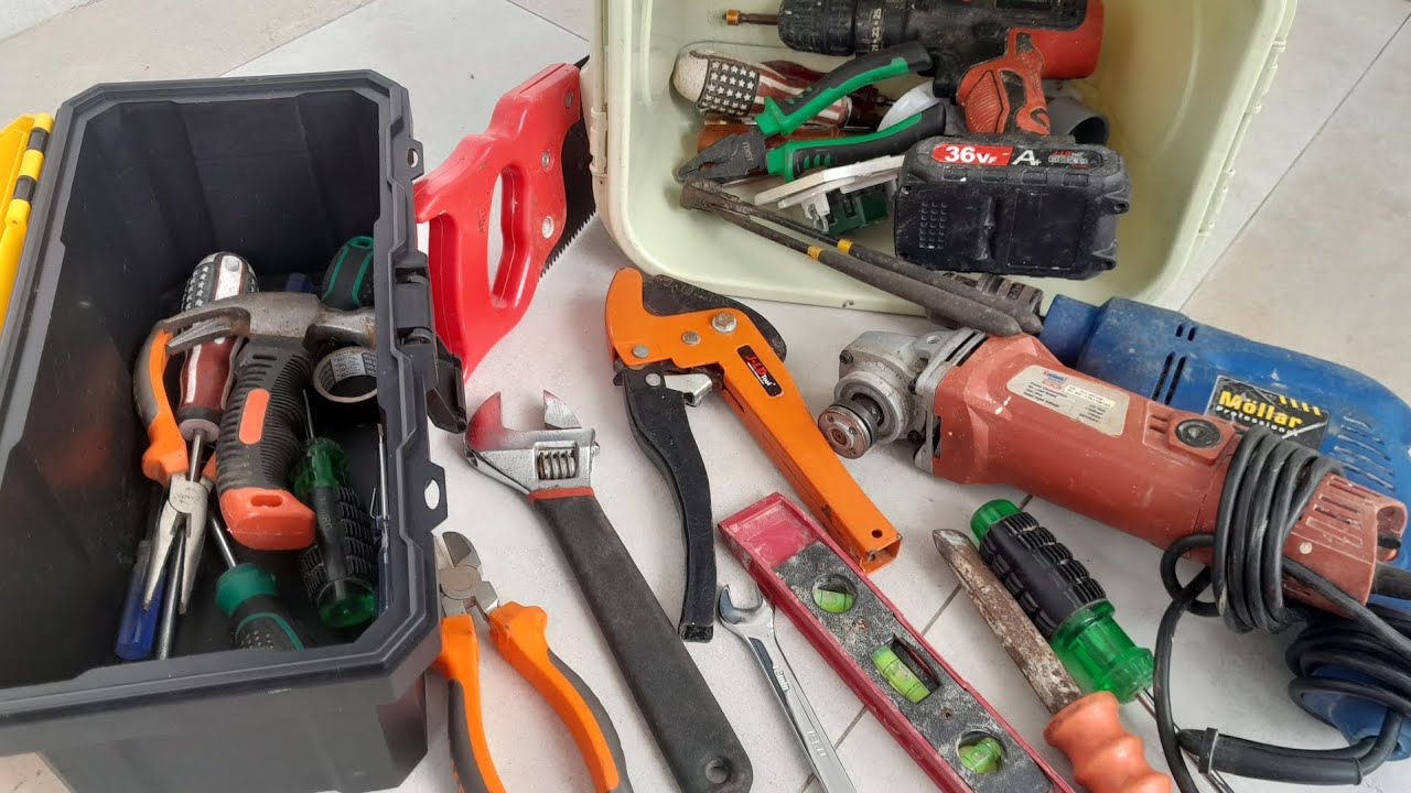 Engineering Tools Collection, Drill, Grinder, Hammer, Screwdriver, Pliers, Wrench, Cutting Pliers