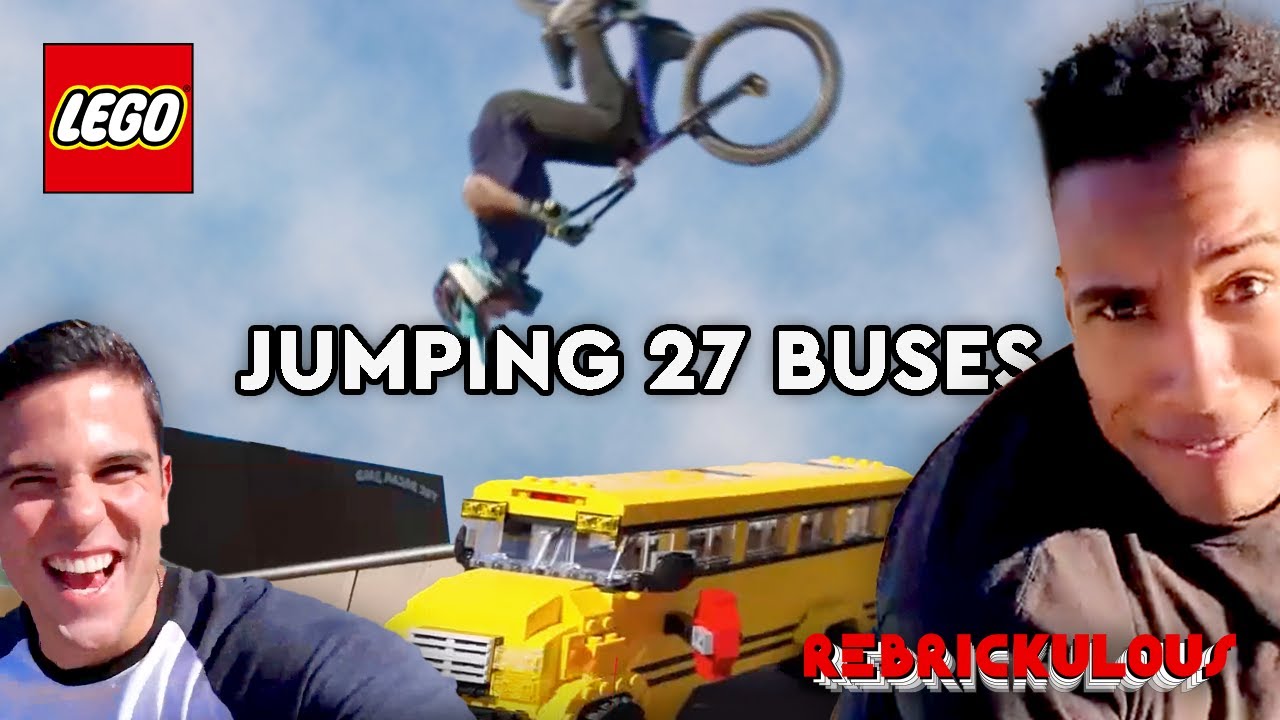 Can We Jump Over 27 School Buses? 🚌 | BMX Backflips over Brick Built Buses 🚴 LEGO REBRICKULOUS