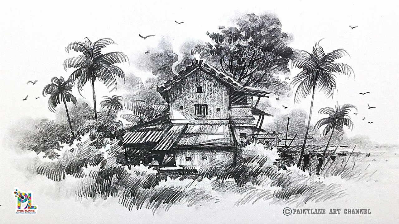 Village Scenery Pencil Sketch | Easy Rural House Drawing with Coconut Trees | Step by Step