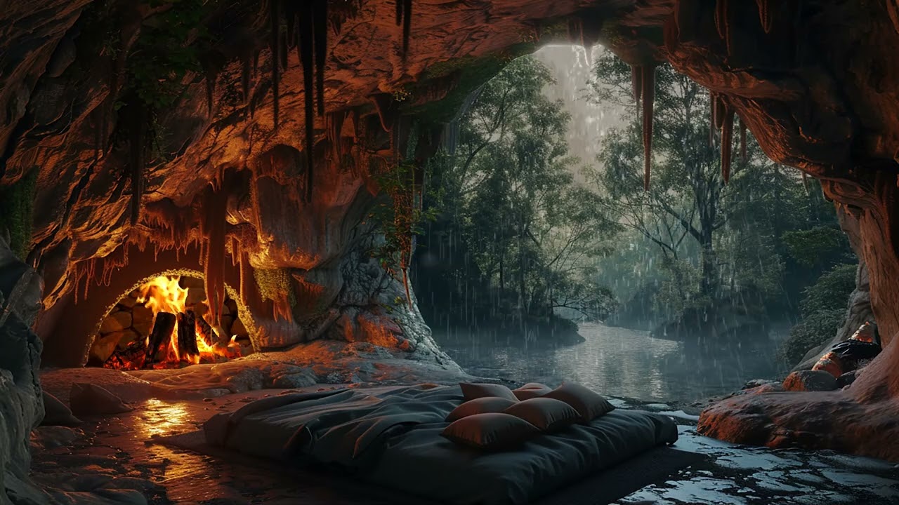 Cozy Cave Rain – Fireplace Warmth  Deep Relaxation Ambience