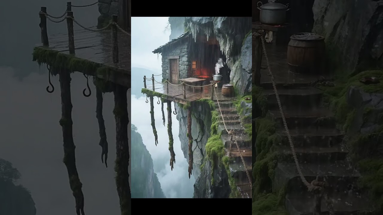 Misty Cliff Cabin Ambience 🌧️🏔️ | Rain Sounds & Mountain Escape #MountainCabin #RainSounds