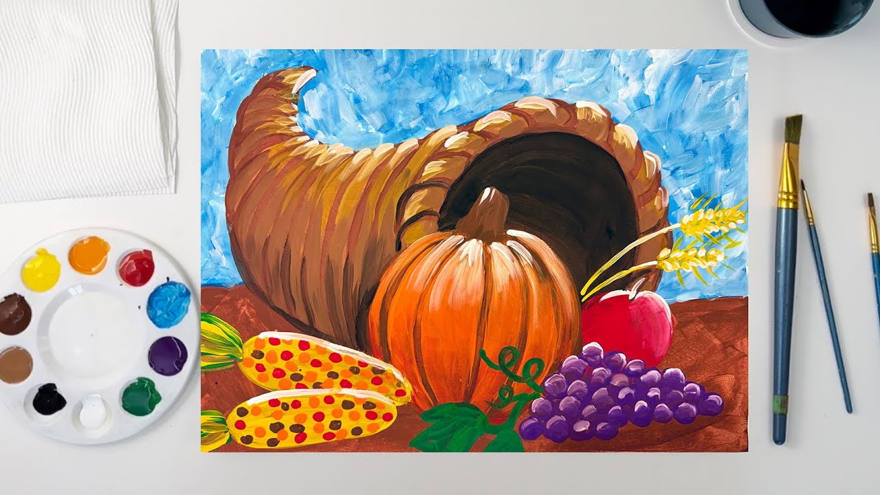 🎨 Easy Thanksgiving Cornucopia Painting Step by Step Tutorial for Kids and Beginners🦃