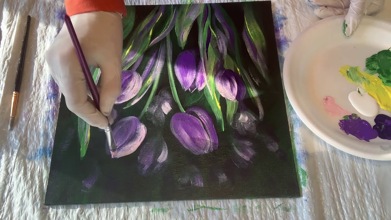 How to Paint Tulips in Acrylic Paints Demonstration Tutorial. Fun and Easy Painting Purple Tulips