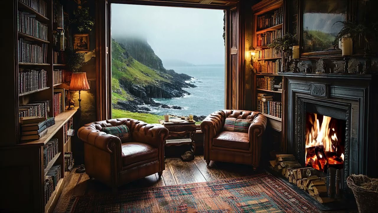 Ancient Scottish Library Cozy Ambience – Fireplace, Celtic Music & Rainy Highlands Sounds for Relax