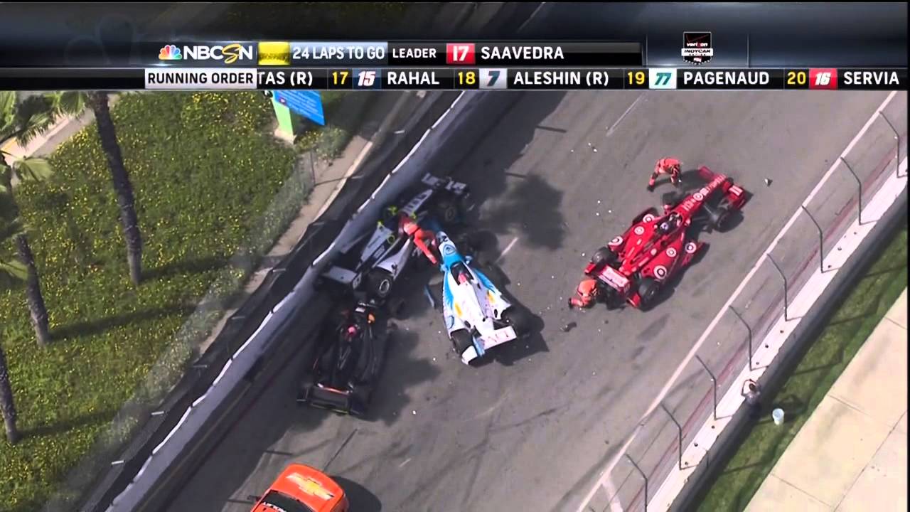 2014 IndyCar Long Beach Crash Newgarden Hunter-Reay Leaders pile up