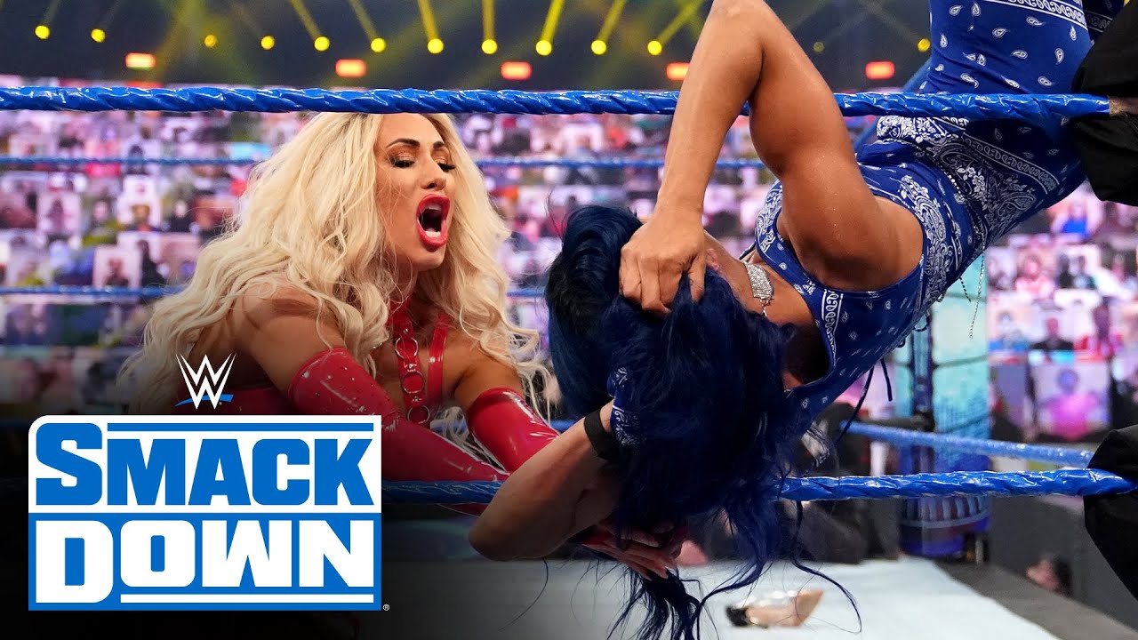 Carmella takes out Sasha Banks during an interview between Banks and Asuka: SmackDown, Nov. 20, 2020