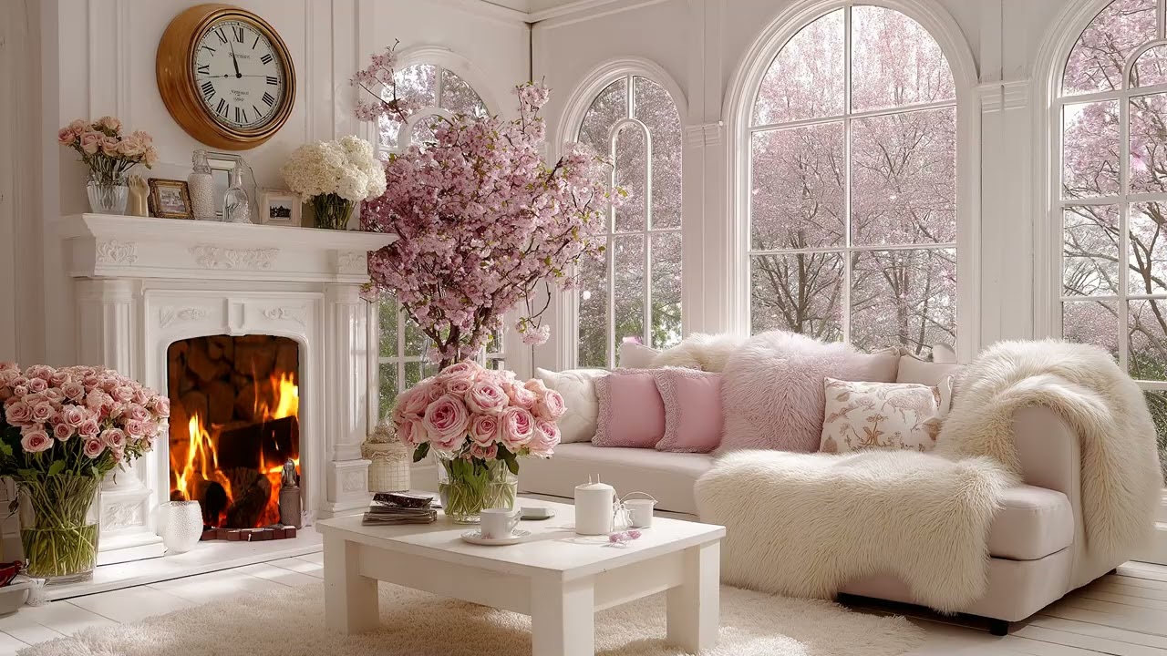 🔥Piano in Spring Lounge | 3 Hours White Room with Blooming Garden | Relax Sleep Anxiety Relief Calm