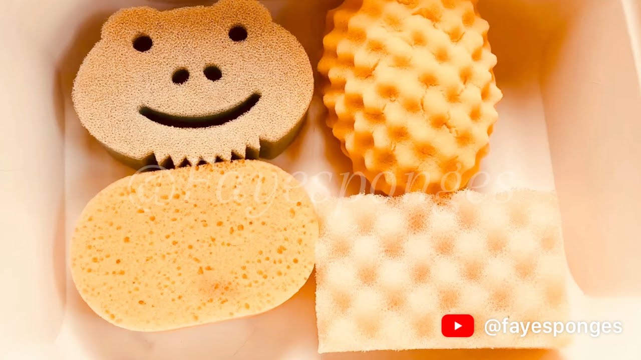 ASMR bulk variety damp bleached sponge rip. Ripping foam and plastic sponges 