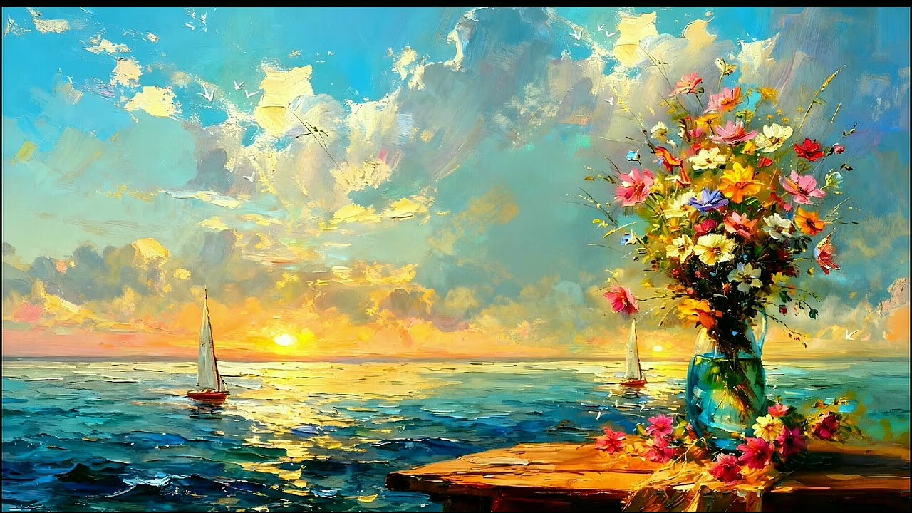 Oil Painting Of Flowers In A Vase And Sailing Boats Tv Wallpaper Background Screensaver Homedecor