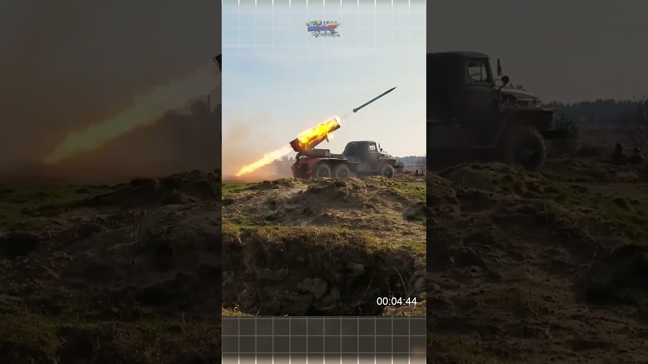 The BM-21 Grad 122 mm multiple rocket launcher in action