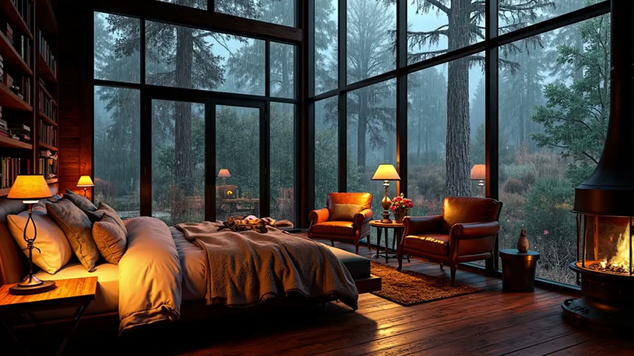 Cozy Glass Cabin Bedroom in the Rainy Forest | Fireplace Ambience & Gentle Rain Sounds for Sleep
