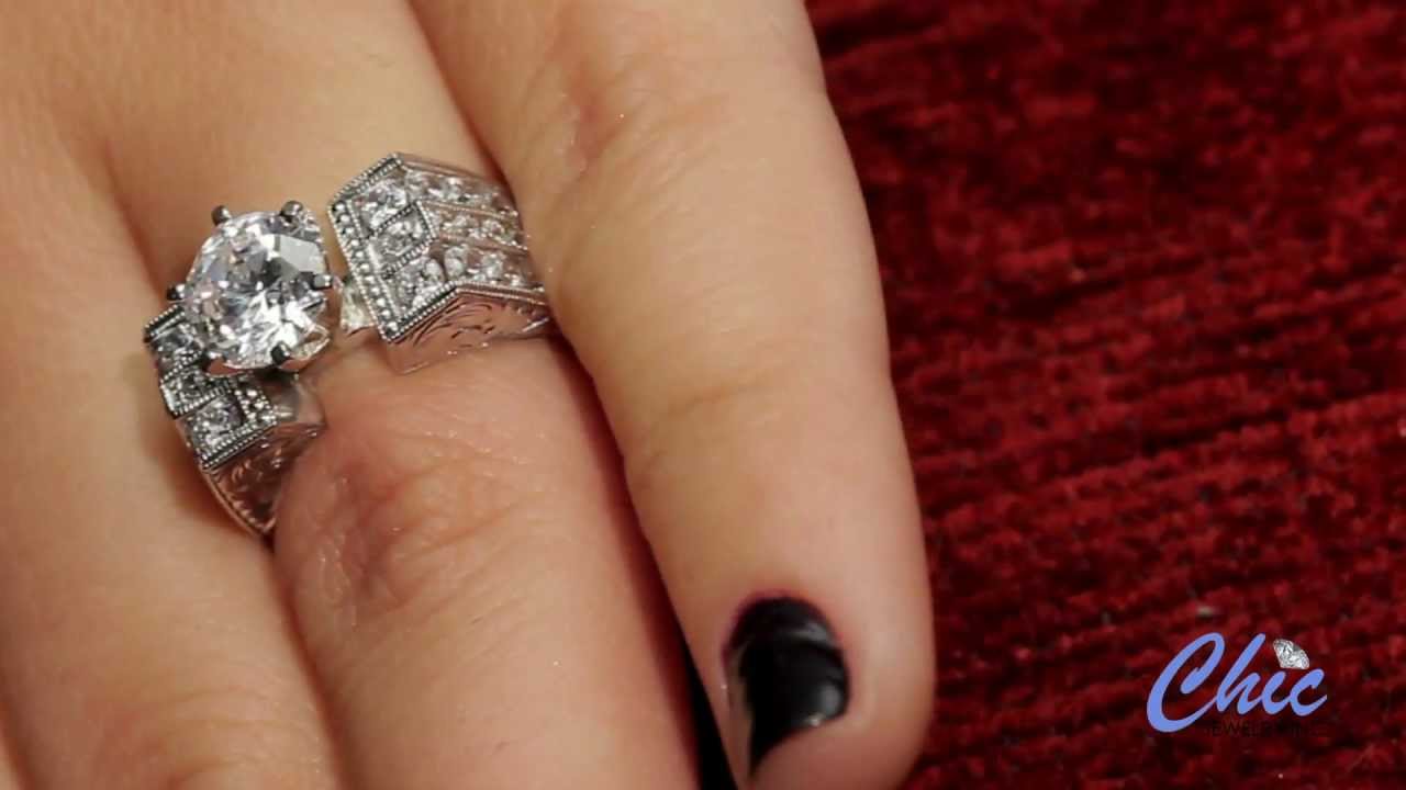 Hand engraved ring set with cubic zirconia round center stone- item #7816RWPaveEN