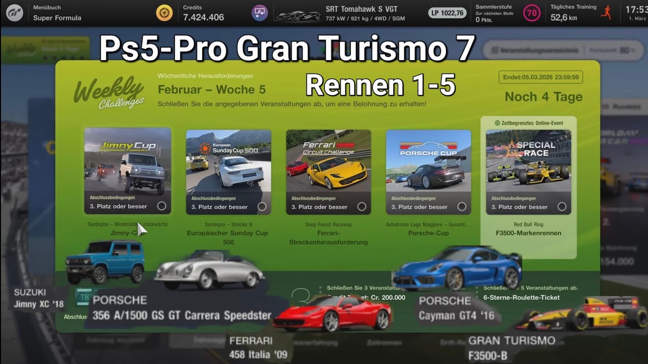PS5-Pro Gran Turismo 7 Weekend Chellenge Februar 5 Woche 2026 Rennen 1-5 in 4K/60fps.
