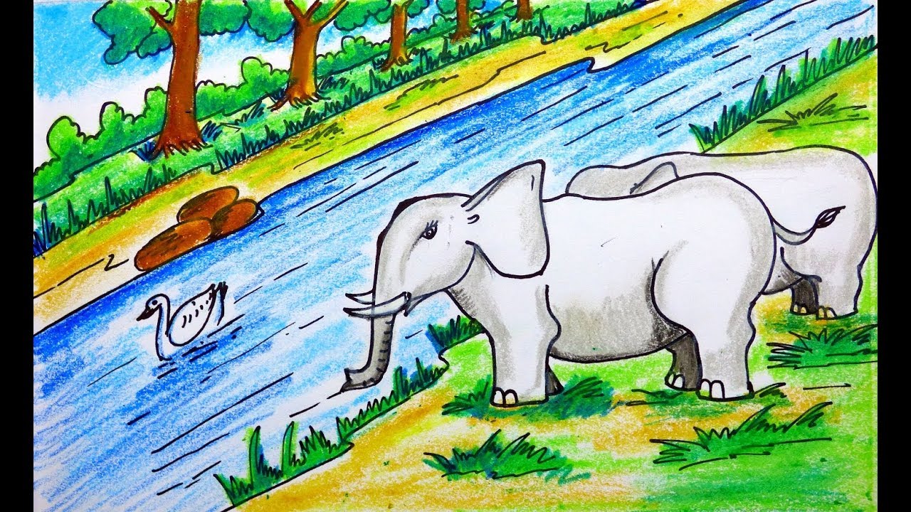 How To Draw Forest Scenery with Animals / Forest Drawing/with Elephant.