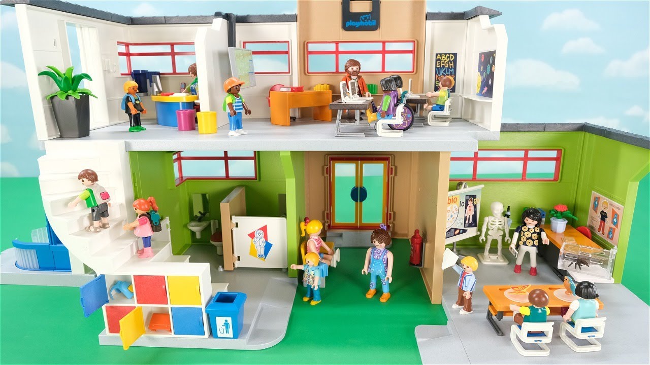 Building and Playing with Playmobil Furnished School Building, School Bus and Extra Figures