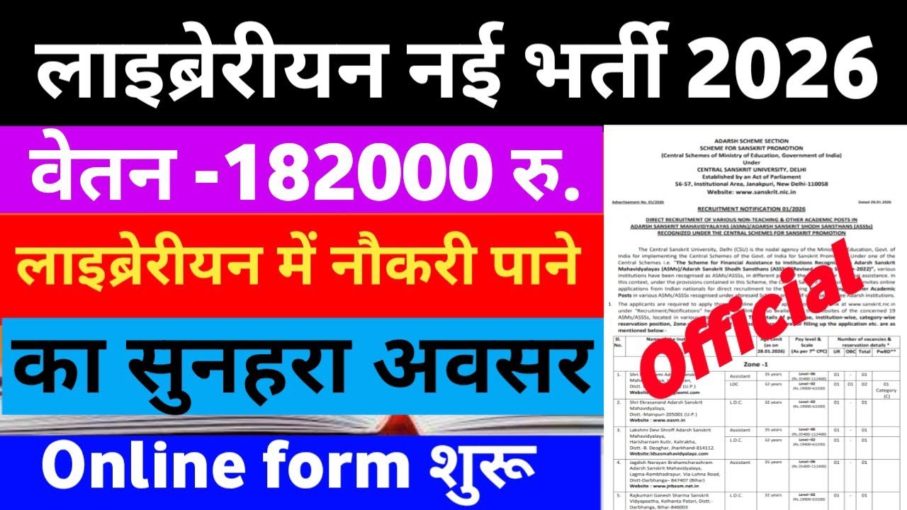 लाइब्रेरियन नई भर्ती 2026 || Online form शुरू || SALARY 182000 || Liberarian new vacancy online ||