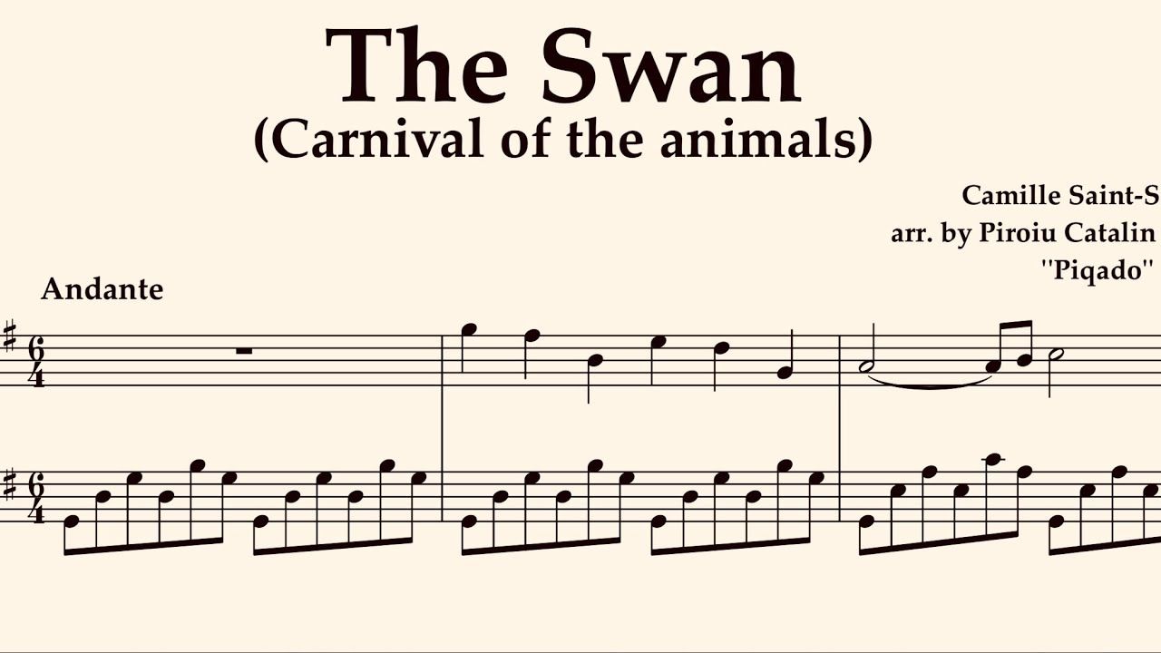 Camille Saint-Saens Le Cygne  arr. by Piqado Intermediate Solo Piano Sheet Music G major
