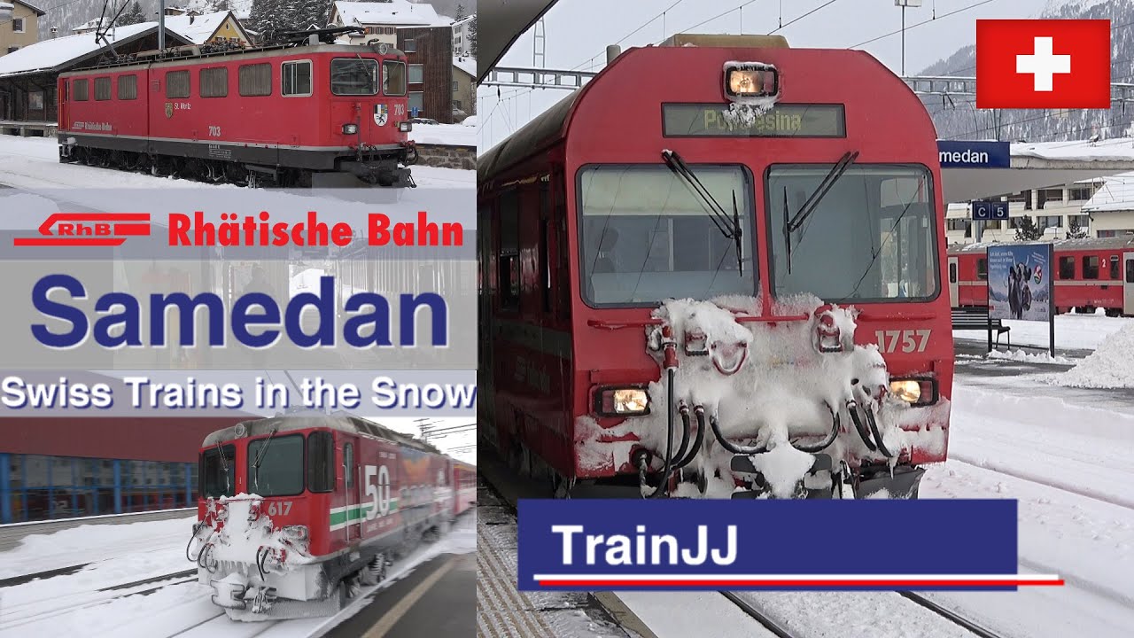 ▶ 4K Swiss Trains in the Snow in Samedan, Switzerland | RhB - Rhätische bahn