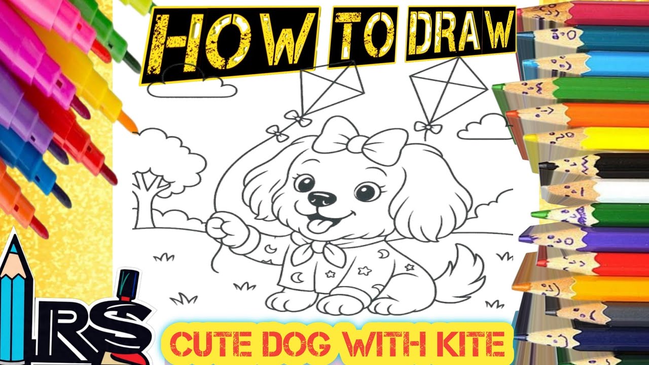 Cute Dog flying kite easy drawing|pets animals|Dog drawing|new drawing ideas with rsdrawings