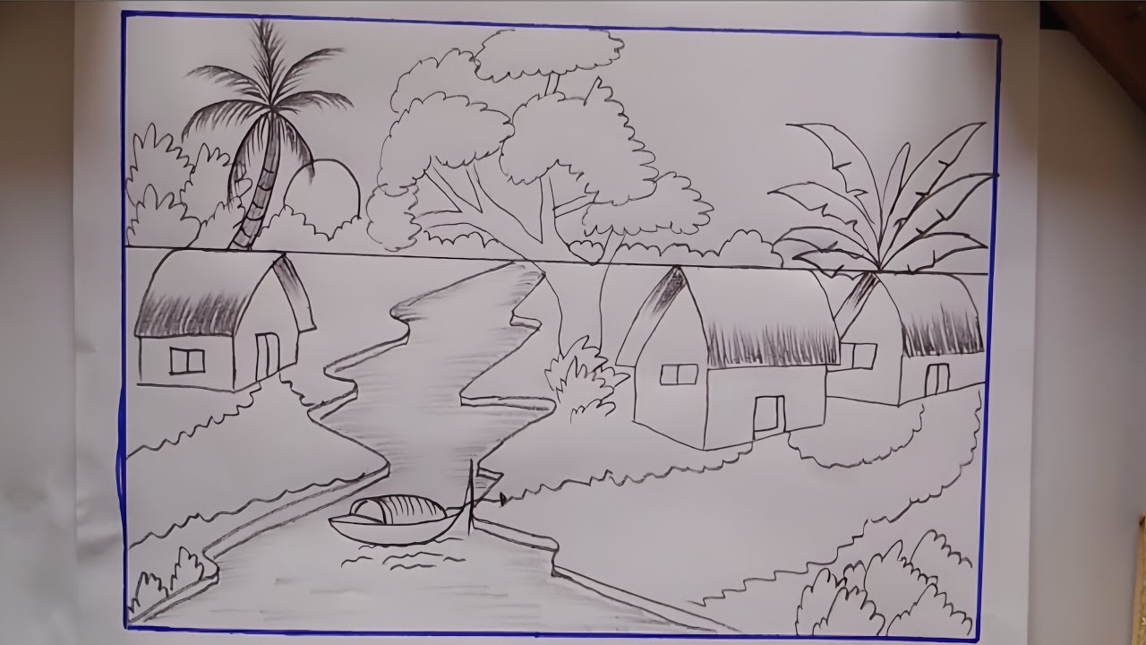 Easy Village River Scenery Drawing | Beautiful Nature Landscape Step by Step ldrawing with pencil 