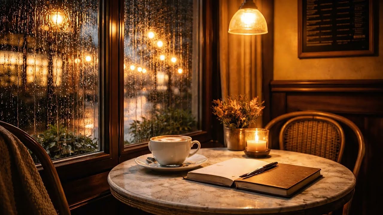 Jazz, Coffee Shop Ambience at Night l Fireplace Sound & Cozy Rainy Ambience