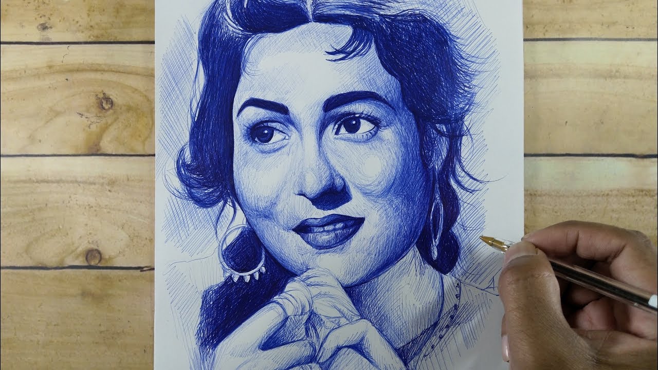 Drawing Madhubala using ball pen