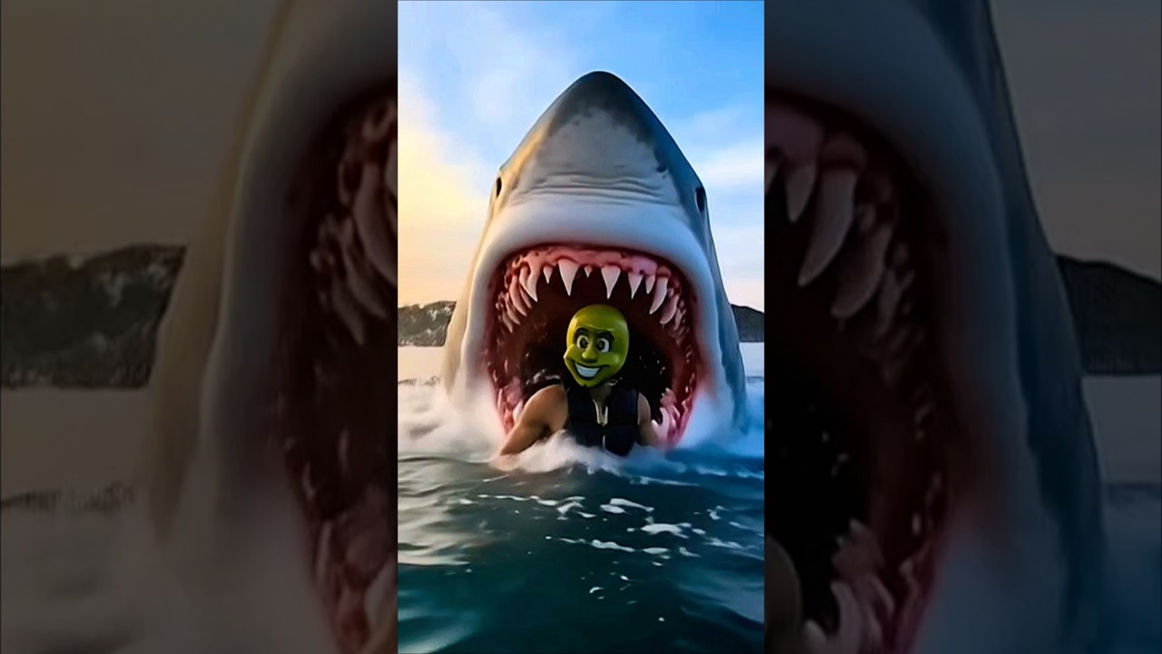 M&aacute;skara da Carreta Furac&atilde;o &eacute; Trenzinho da Alegria no mar nadando com um tubar&atilde;o gigante Megalodon