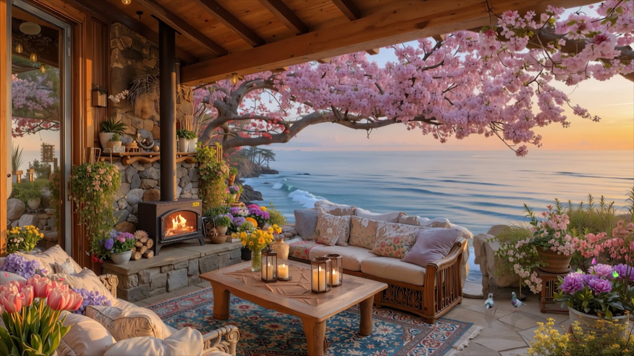 Peaceful Spring Seaside Cabin 🌸 Soft Piano, Ocean Waves & Cozy Fireplace for Relaxation