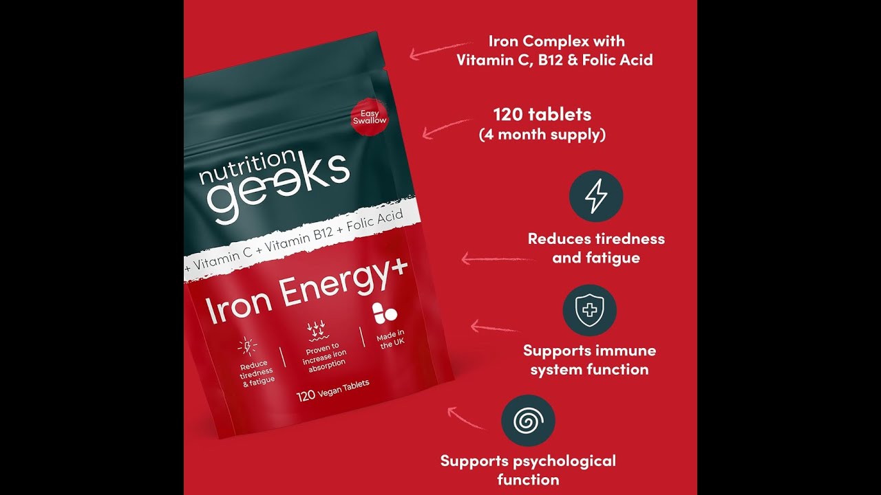 Nutrition Geeks Iron Tablets High Strength - Energy Tablets with Vitamin C, B12 & Folic Acid